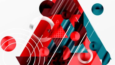 Soyut geometrik bileşim. Kırmızı, deniz mavisi şekilleri örtüşüyor, dinamik görsel ilgi yaratıyor. Çemberler, üçgenler dizayna hakim..