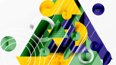 Soyut geometrik bileşim. Şekiller çakışıyor, dinamik görsel deneyim yaratıyor. Sarı, yeşil, mavi egemen tasarım.