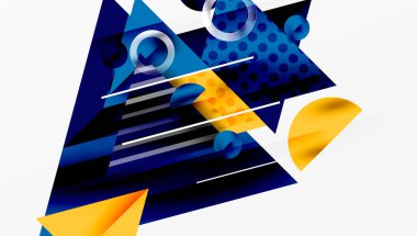 Soyut geometrik bileşim. Mavi, sarı şekiller üst üste biniyor, dinamik görsel ilgi yaratıyor. Modern tasarım elemanları.