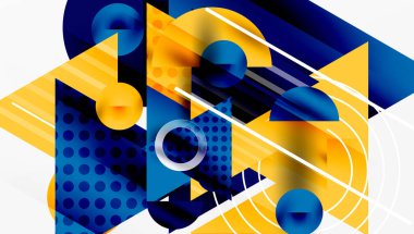 Soyut geometrik bileşim. Mavi, sarı renkler baskın. Şekiller çakışıyor, dinamik görsel etki yaratıyor. Modern tasarım elemanları.