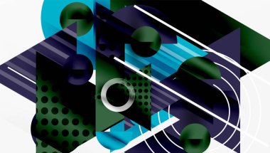 Soyut geometrik bileşim. Şekiller çakışıyor, dinamik görsel etki yaratıyor. Serin renk paleti tasarıma hakim.