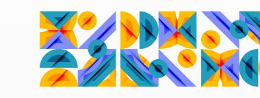 Soyut geometrik şekiller tekrar eder, canlı desenler yaratır. Mavi, turuncu, deniz mavisi egemen bileşimi. Minimalist tasarım.