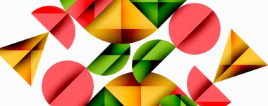 Soyut geometrik şekiller çakışıyor. Kırmızı, yeşil, sarı tonlar beyaz arkaplana hükmediyor. Modern tasarım, basit kompozisyon.