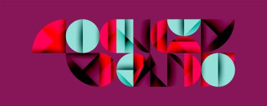 Geometrik tipografi sadece piyanoyu heceler. Şekiller örtüşüyor, mor arkaplanda canlı renkler oluşturuyor. Modern tasarım.