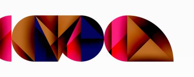 Soyut geometrik şekiller, renkli çokgenler stilize harf formları oluşturuyorlar. Modern tasarım, canlı renkler, temiz çizgiler, minimalist estetik..