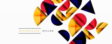 Soyut geometrik şekiller örtüşür, dinamik bileşim yaratır. Renkler arasında kırmızı, sarı, lacivert, altın var. Arkaplanlar için minimalist tasarım.