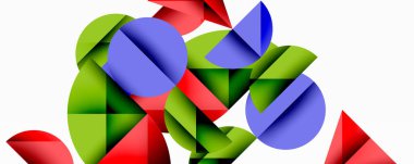 Üst üste binen daireler, üçgenler, bölümler içeren soyut kompozisyon. Canlı renkler dinamik görsel deneyimler yaratır. Şekiller etkileşime girer, karmaşık desenler oluşturur.