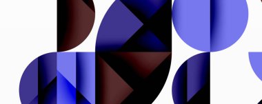 Soyut geometrik bileşim. Çemberler, kareler, dinamik görsel efekt oluşturur. Mavi, beyaz, kestane rengi baskın palet. Modern tasarım.