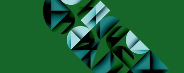 Soyut geometrik tasarım yeşil arkaplan üzerinde katmanlı mercan şekilleri içerir. Modern estetik, minimalist kompozisyon. Kalın tipografi görünür.