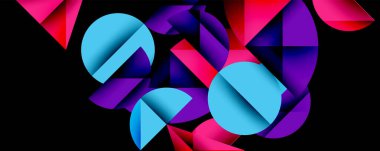 Soyut geometrik şekiller örtüşüyor, canlı renk eğimleri yaratıyor. Pembe, mor, mavi, siyah arkaplana karşı baskın kompozisyon.