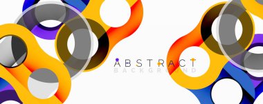 Parlak soyut şekiller örtüşür, dinamik renkli kompozisyon yaratır. Eğimli, kıvrımlı, daireli modern tasarım.