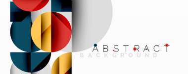 Geometrik şekiller örtüşür, canlı ve soyut bir bileşim yaratır. Kırmızı, deniz mavisi, sarı renkler tasarımda baskın. Minimalist stil.