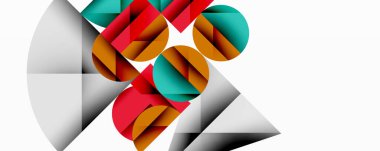 Soyut geometrik bileşim. Şekiller örtüşüyor, dinamik görsel ilgi yaratıyor. Kırmızı, deniz mavisi, kahverengi renkler beyaz arkaplana hakim. Modern tasarım.