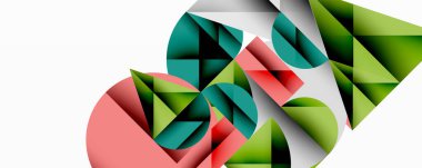 Soyut geometrik şekiller örtüşür, dinamik bileşim yaratır. Yeşil, kırmızı, gri tonlar beyaz arkaplana hükmediyor. Modern tasarım.