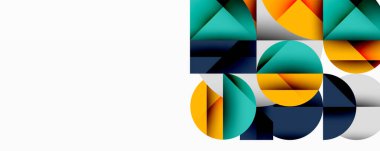 Soyut geometrik bileşim. Şekiller örtüşüyor, dinamik görsel ilgi yaratıyor. Renkler arasında deniz mavisi, turuncu, donanma, gri, beyaz.