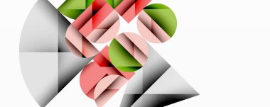 Soyut geometrik şekiller örtüşür, dinamik bileşim yaratır. Yumuşak renkler, beyaz arkaplan, mevcut modern tasarım elemanları.