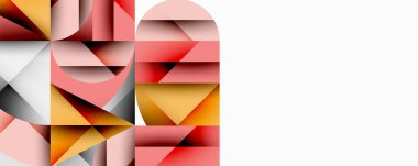 Soyut geometrik bileşim. Şekiller örtüşüyor, katmanlı görsel efekt yaratıyor. Sıcak tonlar hakim, serin beyazlar ve grilerle zıtlar. Modern tasarım.