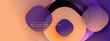 Soyut tasarım özellikleri üst üste binen daireler, gradyanlar. Şeftali tonları baskın, mor aksanlar mevcut. Modern, minimalist estetik.