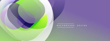 Soyut tasarım özellikleri üst üste binen şeffaf daireler. Renkler arasında yeşil, mor, gri, beyaz renkler var. Modern estetik.