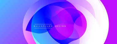 Soyut, enerjik tasarım, üst üste binen daireler. Mavi, mor, beyaz gradyanlar dinamik görsel efekt yaratır. Modern arkaplan ögesi.