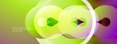 Soyut, enerjik çemberler çakışıyor. Renkler sarı, yeşil ve mordan dönüşüyor. Arka planlar için modern tasarım ögesi.