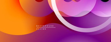 Soyut arkaplan özellikleri üst üste binen daireler, gradyanlar. Turuncu, mor renkler tasarımda baskın, dinamik görsel efekt yaratır.