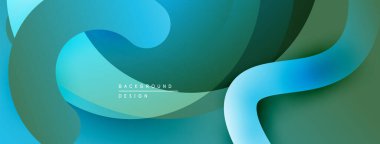 Soyut sıvı şekilleri, canlı maviler, yeşiller dinamik arkaplan oluşturur. Yumuşak eğimler hareketi, derinliği gösterir. Modern tasarım ögesi.