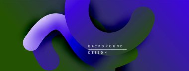 Soyut sıvı şekilleri örtüşür ve dinamik eğimli bir zemin oluşturur. Modern tasarım mor, yeşil renkler kullanır.