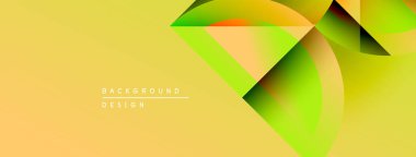 Soyut geometrik şekiller örtüşür, canlı gradyanlar yaratır. Sarı arka plan yeşil, turuncu renkleri tamamlıyor. Modern tasarım ögesi.