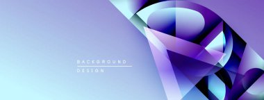 Soyut geometrik şekiller, gradyanlar, mavi mor renkler. Modern tasarım elementleri dinamik görsel efekt yaratır. Minimalist metin mevcut.