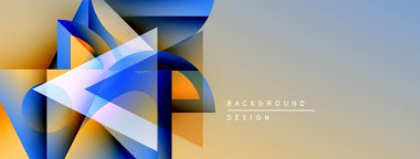 Soyut geometrik şekiller örtüşür, dinamik görsel efekt yaratır. Mavi, turuncu renkler kompozisyona hakim. Minimalist tasarım unsurları.