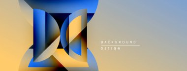 Soyut geometrik tasarım. Mavi, sarı renkler katmanlı şekil yaratır. Metin elemanları mevcut olan minimalist arkaplan.