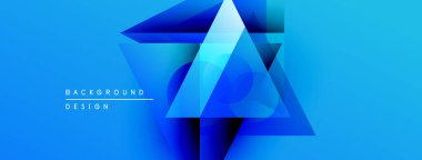 Parlak mavi arkaplan katmanlı üçgen şekiller. Modern tasarım derinliği, teknolojiyi, yeniliği çağrıştırıyor. Minimalist estetik, temiz çizgiler mevcut.