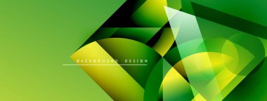 Soyut geometrik şekiller örtüşüyor, canlı yeşil gradyanlar yaratıyor. Modern tasarım teknoloji, yenilik ve enerji öneriyor. Minimalist stil.