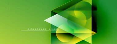 Soyut geometrik şekiller örtüşür, canlı yeşil gradyan arkaplan oluşturur. Modern tasarım elementleri yenilik ve teknoloji öneriyor.