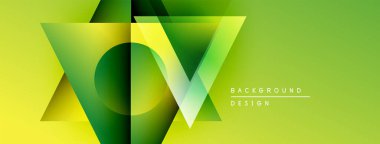 Soyut geometrik tasarım. Yeşil gölgeler katmanlı üçgen şekiller yaratır. Metin elemanları ile modern arkaplan, basit kompozisyon.
