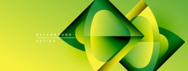 Soyut geometrik şekiller örtüşüyor, dinamik yeşil, sarı gradyanlar yaratıyor. Modern tasarım arka planlar, pankartlar, sunumlar için uygun.