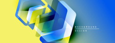 Soyut geometrik şekiller örtüşür, parlak mavi ve sarı renkler yaratır. Arkaplan ve sunumlar için modern tasarım ögesi.