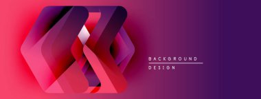 Soyut geometrik şekiller örtüşür, dinamik görsel efekt yaratır. Arkaplanda kırmızıdan mor renge geçiş var. Modern tasarım ögesi.