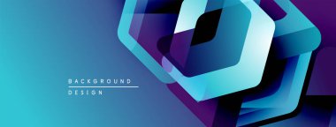 Soyut geometrik tasarım. Mavi, mor renkler katmanlı şekiller yaratır. Arka planlar ve sunumlar için modern estetik.