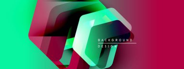 Soyut geometrik şekiller çakışıyor. Canlı yeşil, mor, deniz mavisi renkleri modern tasarım yaratır. Metin arkaplan tasarımı okur.