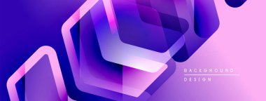 Soyut mor arkaplan özellikleri üst üste binen geometrik şekiller. Modern tasarım gradyan kullanır, dinamik görsel efekt yaratır.