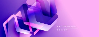 Soyut geometrik şekiller örtüşür, canlı mor gradyan arkaplan oluşturur. Modern tasarım elementleri teknoloji ve yenilik öneriyor.