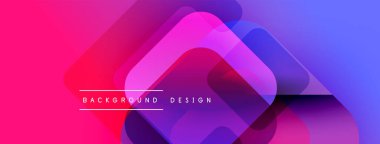 Canlı gradyan arkaplan özellikleri örtüşen kareler. Pembe, mor, mavi renkler modern soyut tasarım yaratır. Metin arkaplan tasarımı okur.