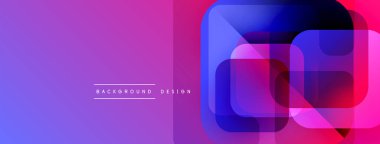 Soyut canlı tasarım, üst üste binen kareler, gradyanlar. Mor, pembe, mavi renkler modern estetik yaratır. Mevcut en küçük metin.