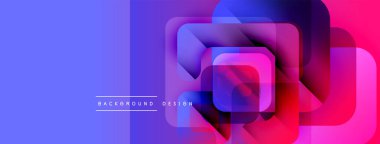 Soyut geometrik şekiller örtüşüyor, canlı renk eğimleri yaratıyor. Mavi, pembe, mor renkler tasarımda baskın. Modern estetik.