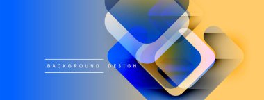 Soyut geometrik şekiller çakışıyor. Mavi, sarı gradyanlar modern arkaplan oluşturur. Metin arka plan tasarımı okur. Minimalist stil.