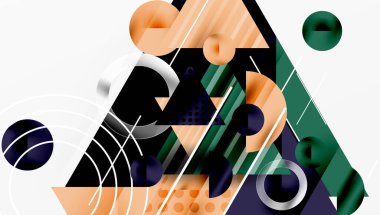 Soyut geometrik bileşim. Şekiller örtüşüyor, dinamik görsel ilgi yaratıyor. Renkler arasında turuncu, yeşil, donanma, gümüş yer alıyor. Modern tasarım elemanları.