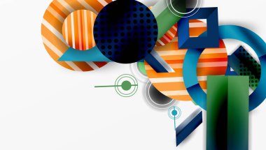 Soyut geometrik şekiller örtüşür, dinamik bileşim yaratır. Turuncu, mavi, yeşil renkler tasarımda baskın. Minimalist stil.