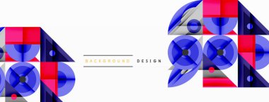 Soyut geometrik desen. Mavi, kırmızı, beyaz şekiller modern tasarım yaratıyor. Minimalist tarz, temiz çizgiler, canlı renkler.